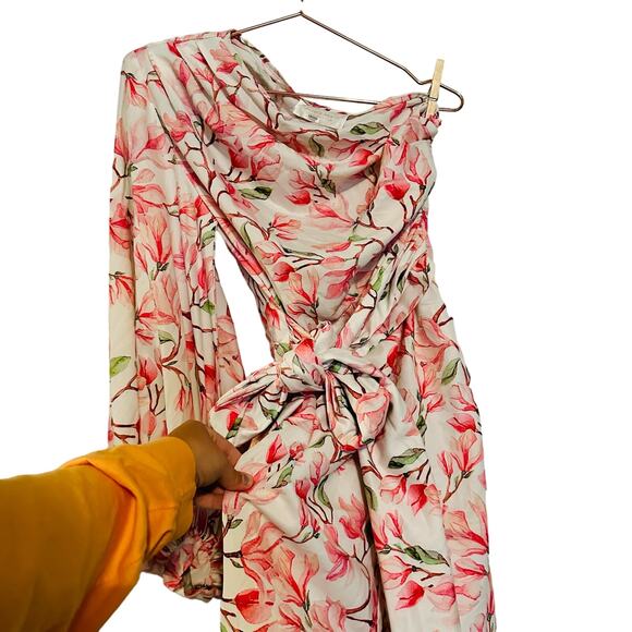 BRONX AND BANCO Layla Floral Pink White One Shoulder Silk Bow Mini Dress Size S - Picture 11 of 14